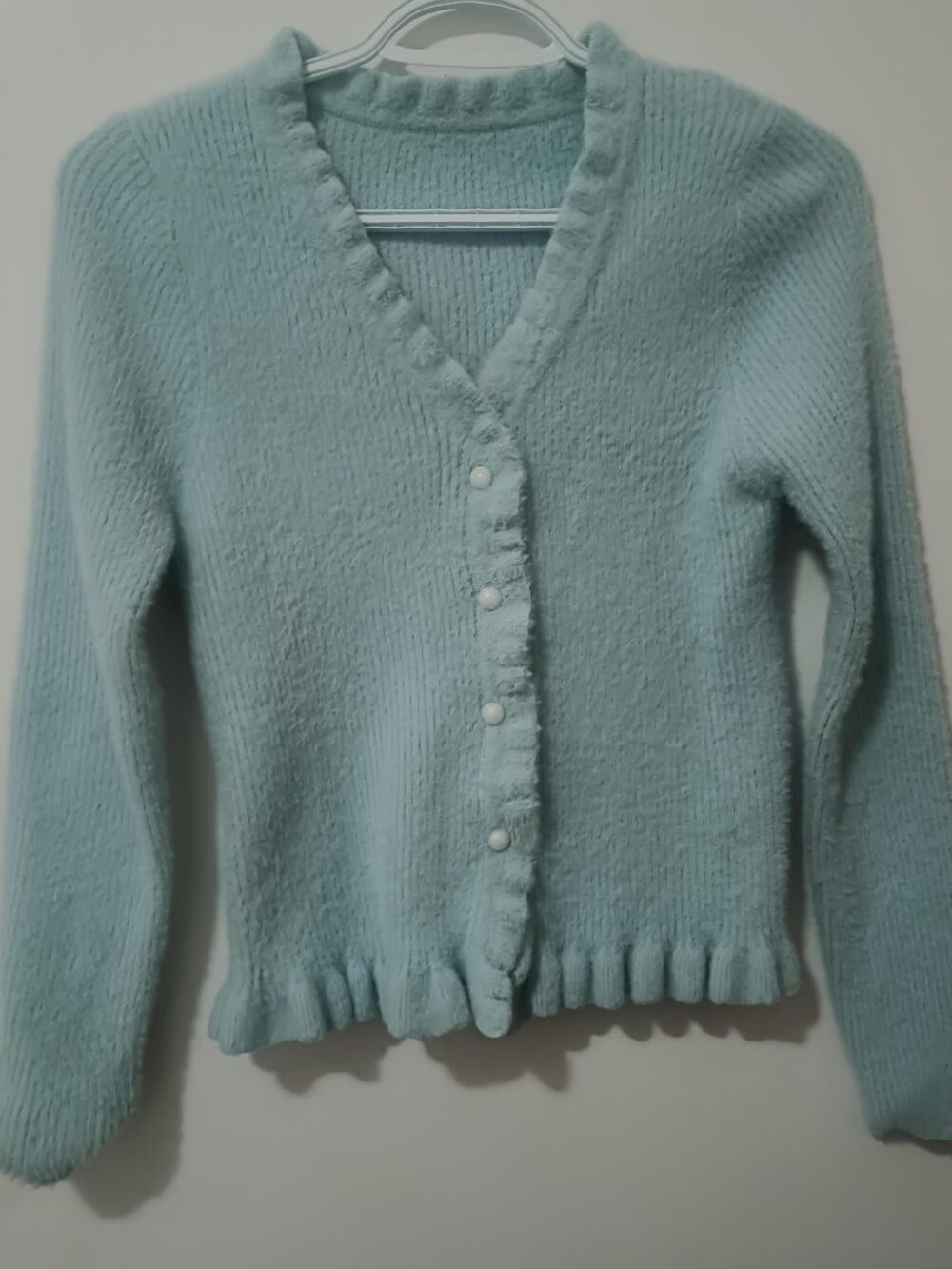 Fuzzy Mint Blue Ruffle Trim Cardigan - Small - Picture 2 of 2